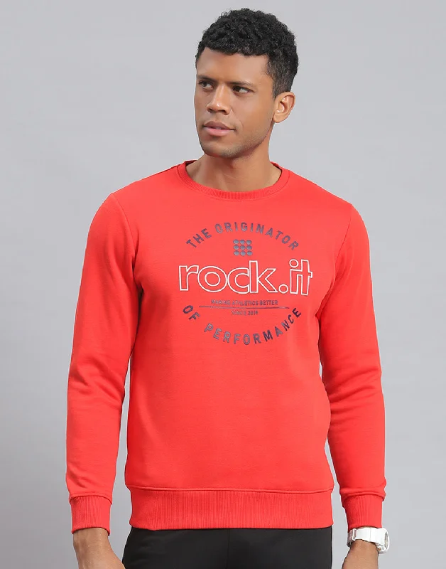 Men Red Solid Round Neck Full Sleeve Sweatshirt