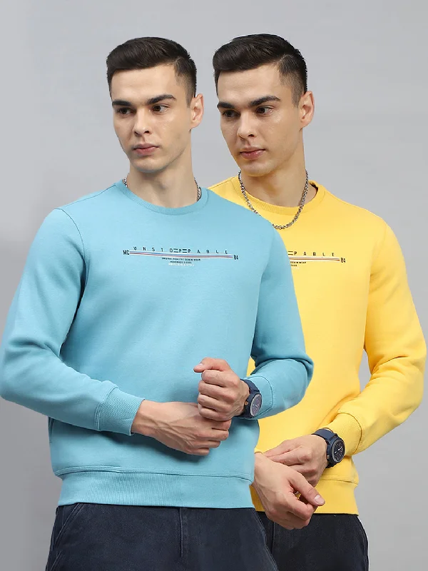 Men Turquoise Blue & Yellow Printed Round Neck Full Sleeve Sweatshirt