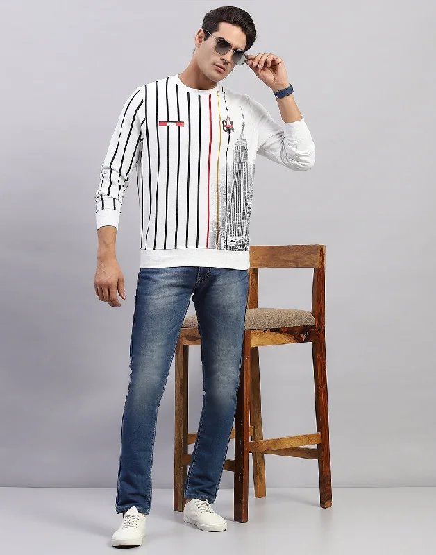 Men White Stripe Round Neck Full Sleeve Sweatshirt